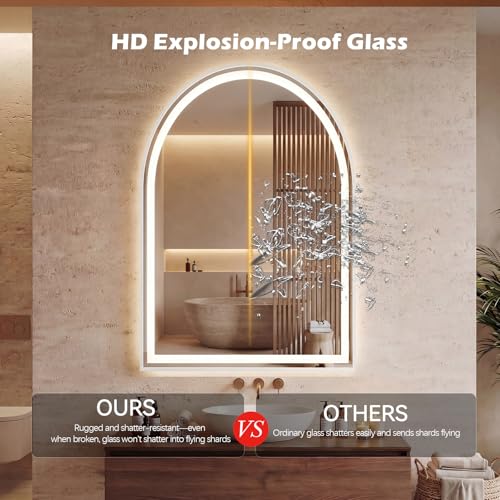 Image of Sweetcrispy 24 inchx36 inch LED Bathroom Backlit Mirror with Lights, Arched Vanity Mirror with Anti-Fog, Dimmable, 3-Color Light, Memory Function, Tempered Glass