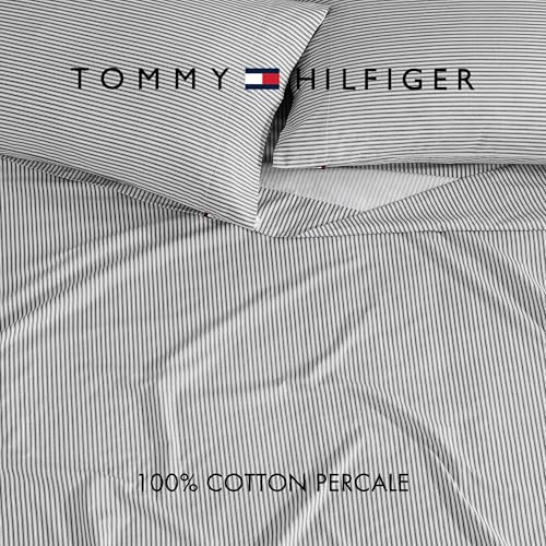 Image of Tommy Hilfiger - Sheet Set, Cotton Percale Bedding with Matching Pillowcase, Crisp & Cool, Premium Quality Home Essentials (Highland Ticking Stripe Navy, Twin)