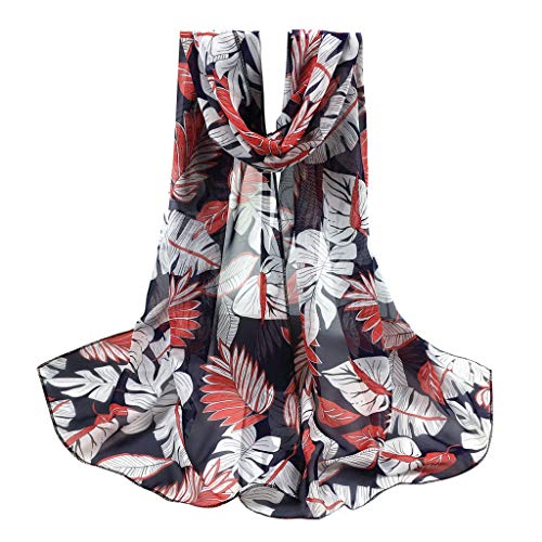 Hot Sale!!!JURTEE Women Casual Leaf Printed Chiffon Long Scarf Winter Warm Long Wrap Shawl Reversible Scarves(Red)