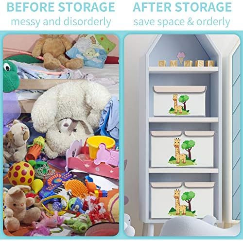 DIMJ 2 Pack Toy Boxes with Lid, Large Kids Storage Box with Lid, Cartoon Fabric Toy Organiser, Foldable Storage Bins with Handles for Kids, Clothes, Toys, Books, Shelves, Nursery, Home (Beige 2)