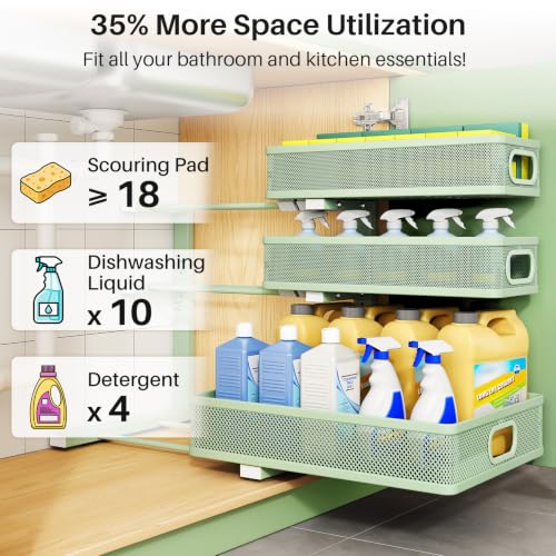 Image of Kitstorack Under Sink Organizer, 1-Pack 3-Tier Height Adjustable Thickened Metal Pull out Cabinet Organizer Shelf, Slide out Storage Drawer Rack for Bathroom Kitchen Pantry Home Organization, Green