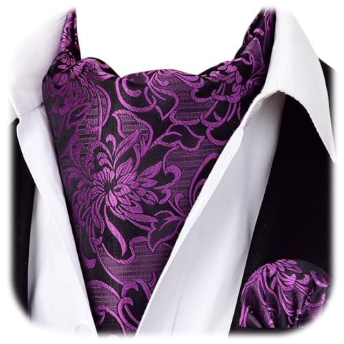 Image of HISDERN Ascot Ties for Men Paisley Floral Ascot and Pocket Square Set Classic Self Tie Mens Cravat Handkerchief for Wedding