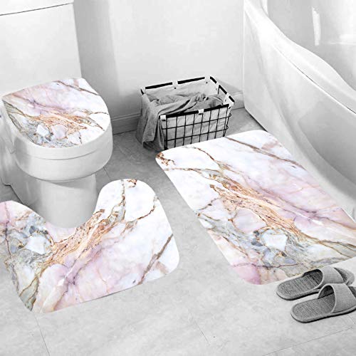 4 Pcs Marble Texture Shower Curtain Set With Non-Slip Rugs, Toilet Lid Cover And Bath Mat Natural Marble Abstract Shower Curtain Bathroom Decor With Hooks-White Pink Grey #TOP5