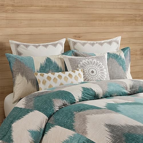 Image of Ink+Ivy Queen Size Comforter Set, Cozy Cotton Comforter, All Season, Lightweight Comforter Queen Bed Set with 2 Matching Shams, Modern Cabin Lodge Ikat Chevron Design, Aqua Full /Queen 3 Piece