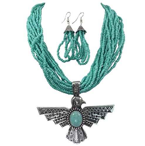 Gypsy Jewels Tribal Eagle Simulated Turquoise & Seed Bead Western Southwestern Look Necklace Earring Set