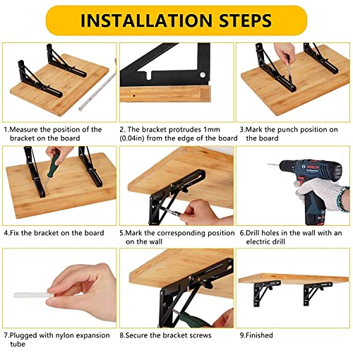 Image of Folding Shelf Brackets with Screws 2 Piece Heavy Duty Metal Collapsible Triangle Shelf Bracket, DIY Wall Mounted Folding Table Hinge Space Saving Folding Brackets - Black (30cm)