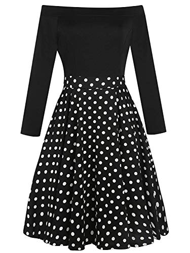 oxiuly Women's Vintage Polka Dot Slash Neck Long Sleeve Casual Pockets Swing Dress OX232 (M, Black dot 9)
