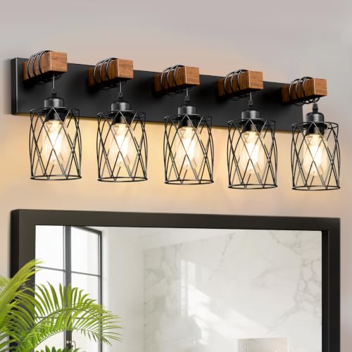 Image of IZORRO Farmhouse Bathroom Vanity Light, 5-Light Wood Bathroom Light Fixtures Over Mirror, Black Industrial Vanity Lights with Metal Shade, Rustic Restroom Lighting Fixtures