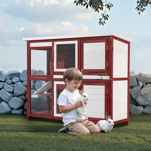 Wiltec Kaninchenstall rot weiß 1175 x 410 x 1000 mm, Hasenstall als Ergänzung für Freilauf, Kaninchenkäfig Hasenkäfig mit 4 Türen und Treppe