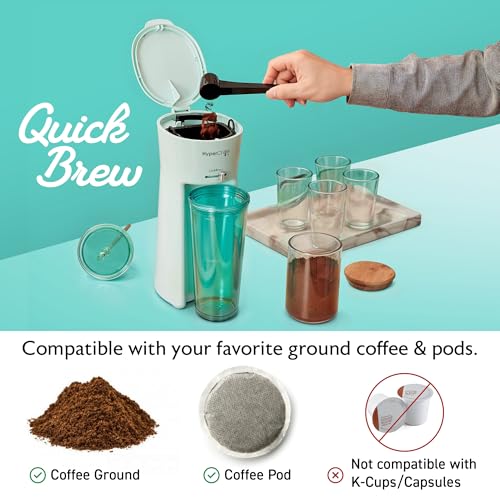 Image of HyperChiller EHC824 Iced & Hot Coffee Maker, Adjustable Flow /Strength Lever, Includes 20 Oz. Tumbler & Reusable Straw, Compatible with Coffee Grounds, Removable, Reusable Mesh Filter, Mint