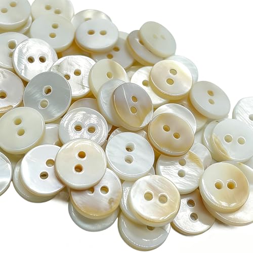 Lot de 80 Boutons en Nacre Véritable 10mm, Ronds à 2 Trous, Couleur Blanc Huileux, pour Projets...