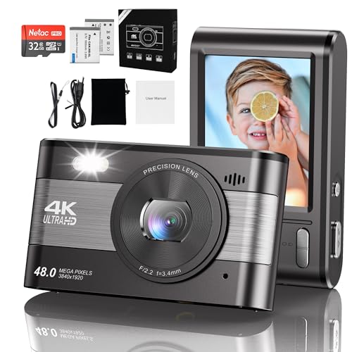 Fotocamera Digitale 56MP 4K Con Zoom 20x E Scheda 32GB – Macchina Compatta Per Bambini, Studenti E Principianti (Argento)