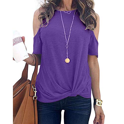 Blusa feminina de ombro vazado, manga curta, gola redonda, blusa casual, Roxa, G