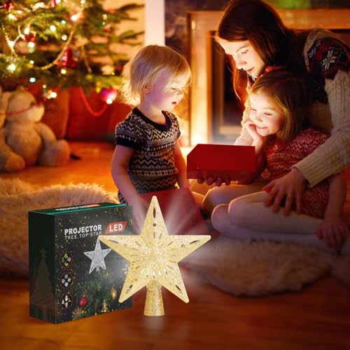 Winpull Christmas Tree Topper Lighted with 6 Pattern Projection Modes, Christmas Star Tree Topper Built-in LED Rotating Lights, Gold 3D Glitter Dynamic Projector for Christmas Decorations by Winpull - Image 6