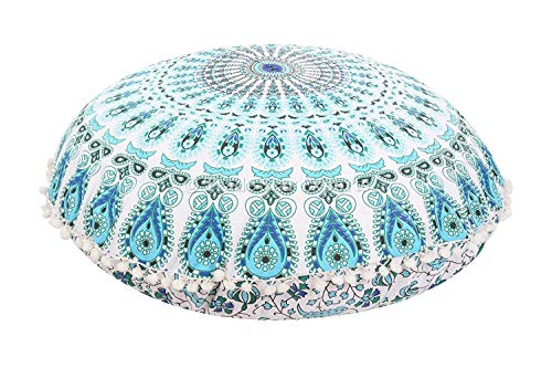 Hemsi-77 32 Inches Round Mandala Floor Pillow Throw Living Room Decor Round Seating Pouf Cover Mandala Floor Pillows Cushion (Blue White) #TOP11