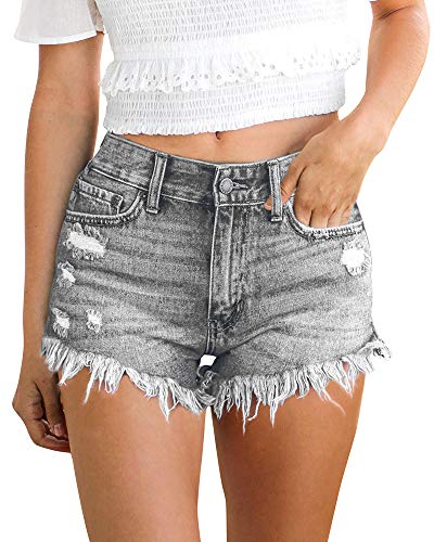 Women's Mid Rise Sex Hot Jeans Shorts Frayed Ripped Raw Hem Pants Distressed Stretchy Fabric Denim Jean Shorts, Grey