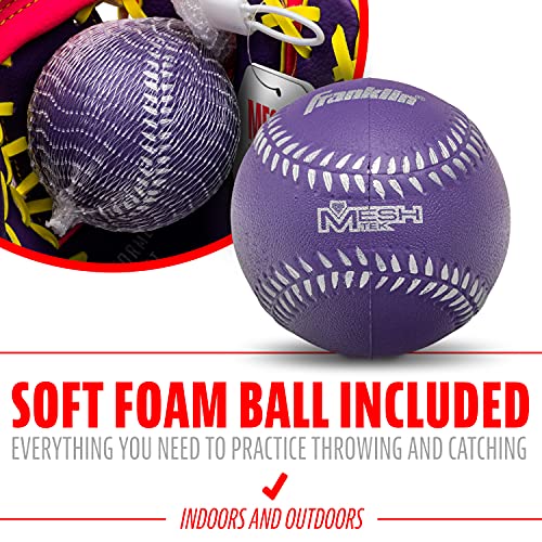 Franklin Sports Kids Baseball Gloves - Meshtek Child's Tball Glove + Ball Set - Boys + Girls Teeball Mitt Set - Kids + Toddler Right Hand Throw - 9.5",Purple/Pink/Yellow #TOP2