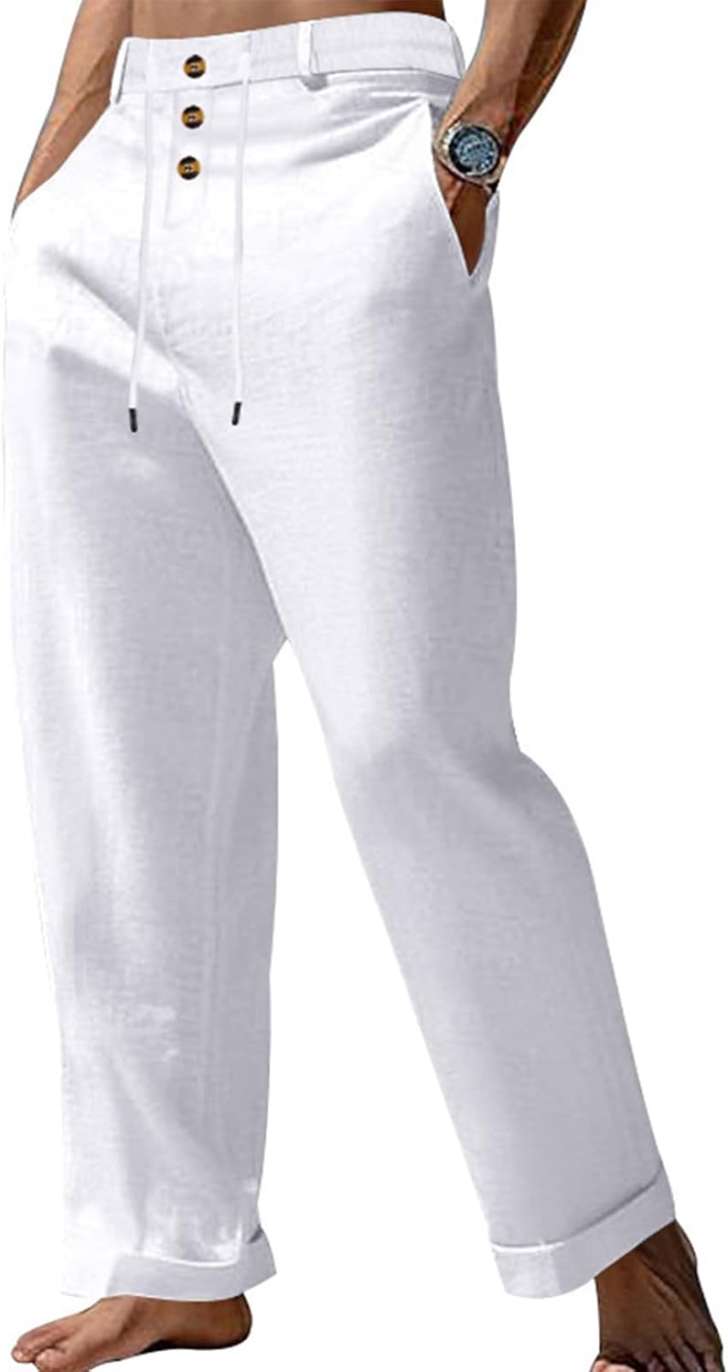 Men's Linen Button Beach Pants, Straight Drawstring Loose Breathable Yoga Pants with Pockets