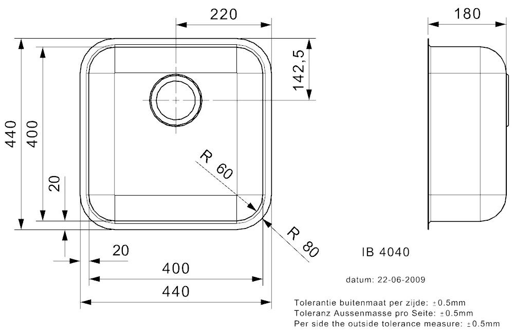 Lavello da incasso per campo medico IB 4040 316 CC (L) acciaio inossidabile senza troppopieno