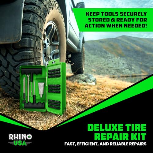 Image of Rhino USA Compact Tire Repair Kit (14-Piece) - Heavy Duty Plug Set with Included Lubricant to Fix Punctures and Seal Flats - Tubeless Tool for Car, Motorcycle, ATV, UTV, RV & Trailer