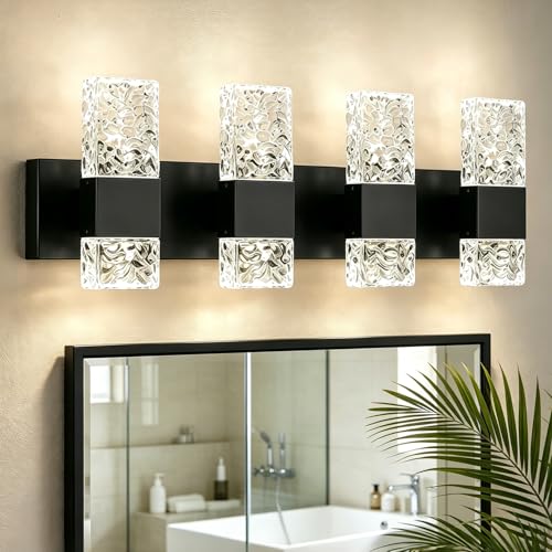 Image of Epinl Black Bathroom Vanity Light Fixtures Bathroom Light Fixtures Over Mirror 4-Light 4000K LED Crystal Wall Sconces Modern 40W Brushed Hardwired Wall Lights for Bathroom Bedroom Living Room
