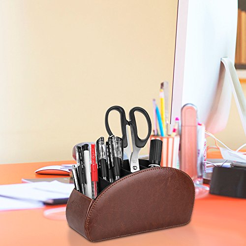 Image of SITHON Remote Control Holder with 5 Compartments - PU Leather Remote Caddy Desktop Organizer Store TV, DVD, Blu-Ray, Media Player, Heater Controllers, Brown