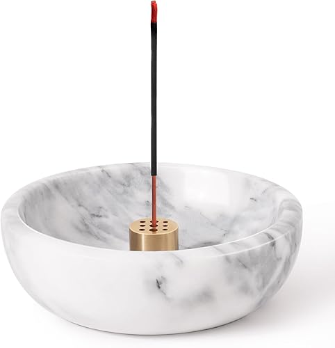 Marble Incense Holder for Sticks Round, Modern Incense Burner Holder with Ash Catcher, Handmade Polished Incense Bowl White