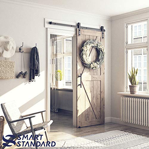 Image of SMARTSTANDARD 5FT Sliding Barn Door Hardware Whole Kit (Include 5ft Single Track Kit & Pull Handle Set & Floor Guide), Super Smoothly and Quietly, Easy to Install, Fit 30 inch Wide Door Panel (J Shape)