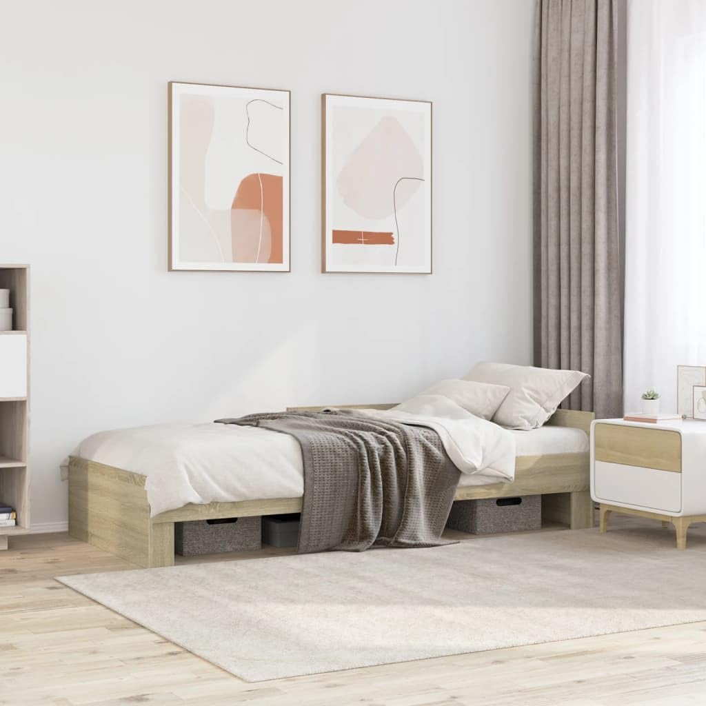 Rama łóżka bez materaca, dąb Sonoma, 75 x 190 cm, materiał drewnopochodny ze stelażem i kratkami bocznymi dla stabilności i bezpieczeństwa, trwały materiał zapewnia spokojny sen,