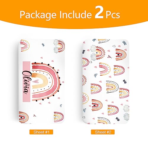 Duckbe Custom Baby Crib Sheets - Personalized Name Fitted Bed Sheet for Standard Crib Mattress Cover - 2 Pack Pink Rainbow Design Neutral Toddler Sheets for Boy Girl Gift Color03