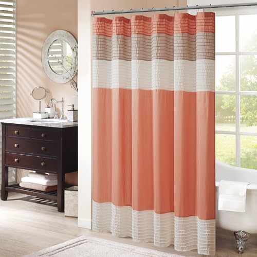 Image of Madison Park Amherst Bathroom Shower Curtain Faux Silk Pieced Striped Modern Microfiber Bath Curtains, 72x84 Inches, Coral