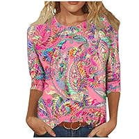 uxxnjfg Maglietta Donna Manica 3/4 Eleganti Taglie Forti Magliette Scollo Rotondo Estiva Maglia Firmate Stampa Primaverile Abbigliamento Donna Curvy Top Cotone Casual Blusa(Rosa Caldo,4XL)