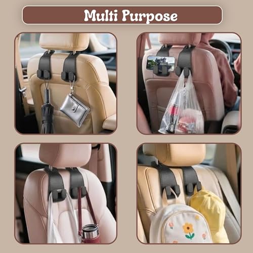 Image of Hian Leather Car Seat Headrest Double Hooks, Back Seat Organizer for Purse, Handbag, Grocery Bags and Backpack, Multifunctional Car Storage Hook for Vehicle Seat Back (Black, Pack of 2)