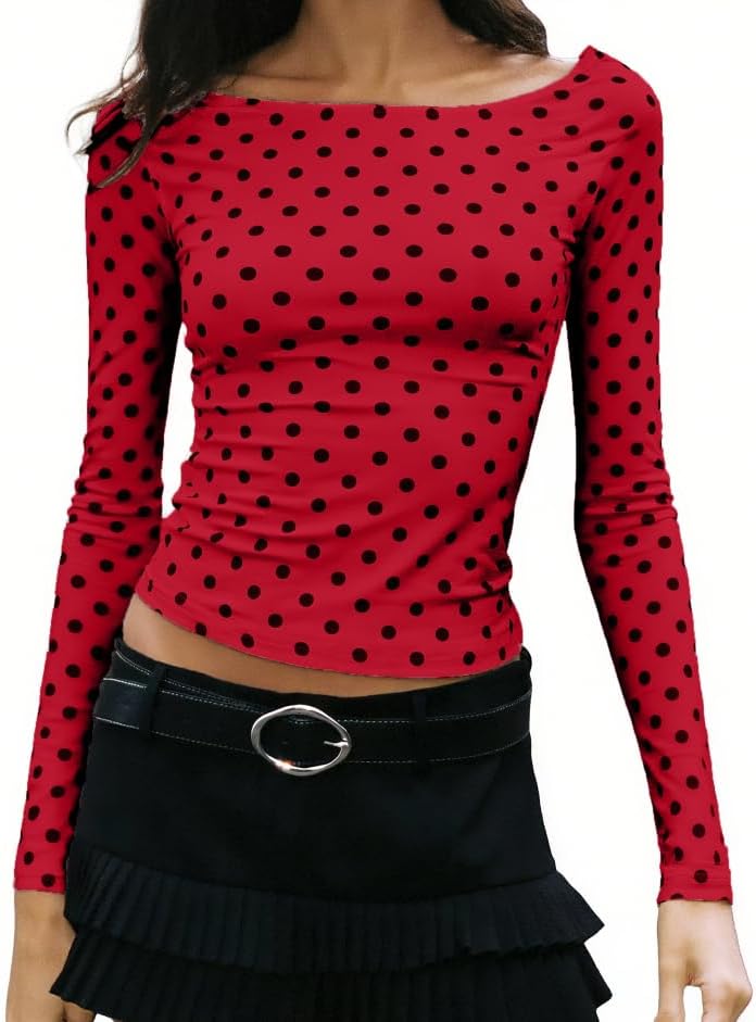 Women Polka Dot Long Sleeve Top Crewneck Dot Print Tshirts Tight Fitted Crop Top Trendy Going Out Fall Tee Shirt