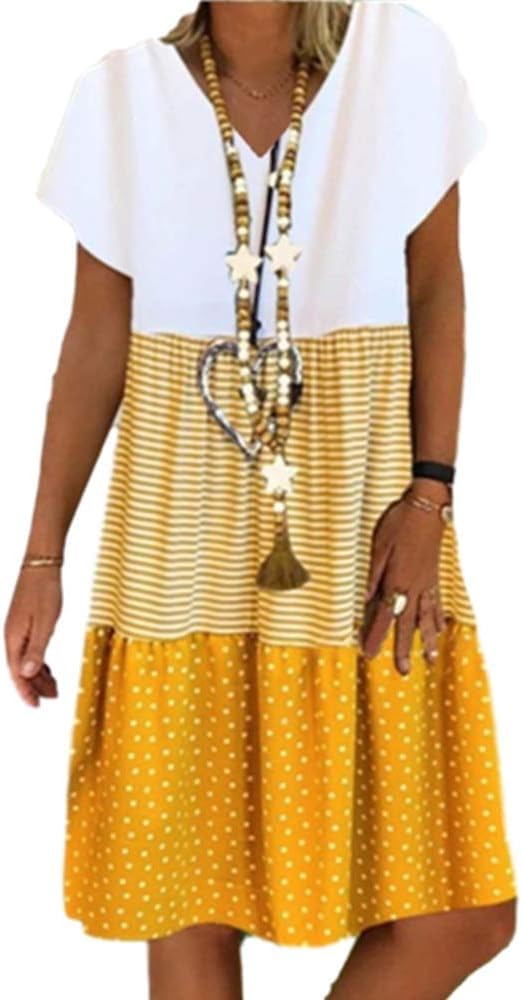 AIYINIY Vestido de verano con cuello en V y estampado digital para mujer, vestido de verano de manga corta, casual, vestido largo elegante, vestido suelto de mezcla de algodón, sin accesorios