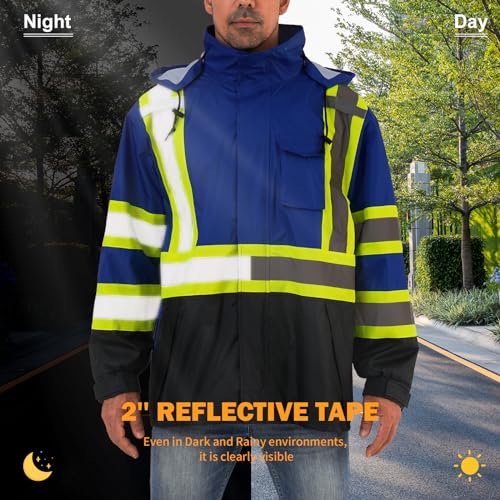 Image of Reflective Rain jackets for men waterproof,Hi Vis Safety Coat With Reflective Strips,High Visibility Class 3 Rain jackets With 2 large pockets,Zipper,Blue,SM /MD