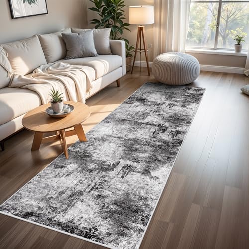RUUGME Washable Abstract 3x8 Runner Rug: Living Room Entryway Runner Rug indoor Non Slip Rubber Backing Vintage Large Soft Home Decor Mats for Bedroom Distressed Ultra Thin low pile Carpets 3x8 BlackA