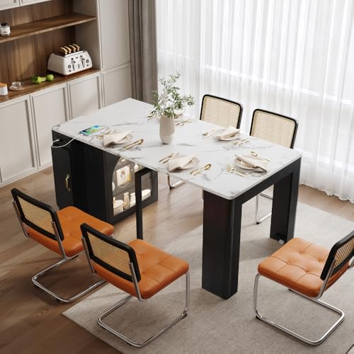 I0I&I0I Îlot de cuisine avec roulettes et table extensible - Solution de service mobile avec prise - Buffet ou table de bar (blanc + noir + MDF + verre)