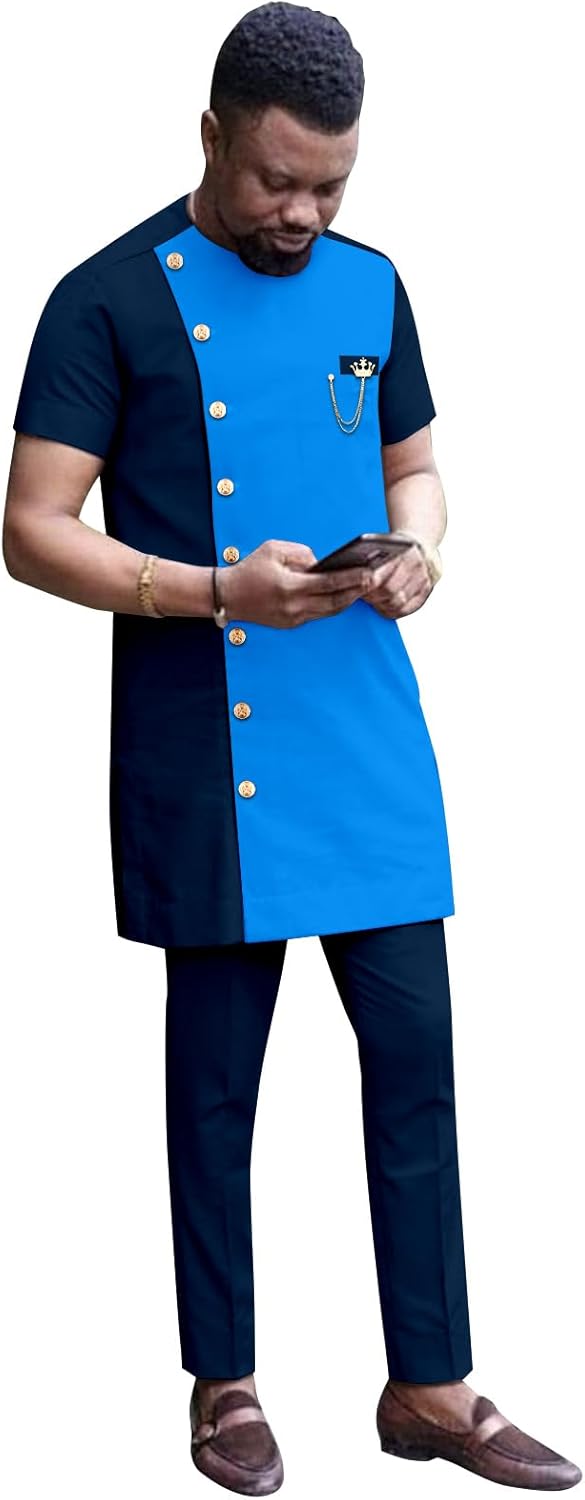 African Clothes for Men Tracksuit Single Breasted Tops and Pants 2 Piece Set Dashiki Blouse with Chains