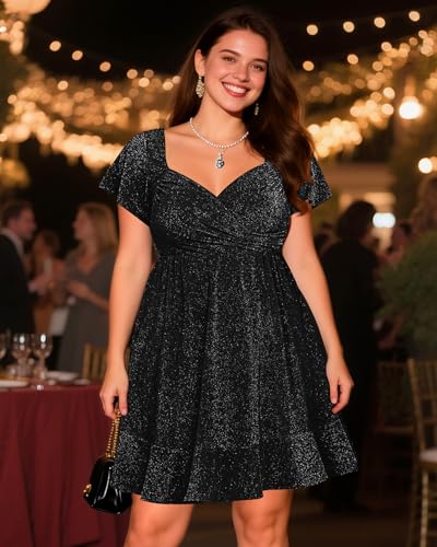 Plus Size Cocktail Dress - Sparkly New Year Eve Party Holiday Wrap V Neck Short Dress3