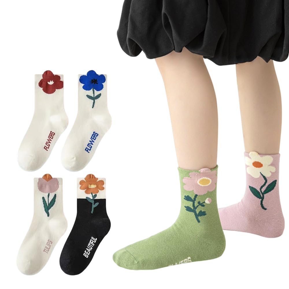 [ZGKULAEAOW] 靴下 女の子 クルー丈 ソックス キッズ ジュニア くつした 子供 ソックス オシャレ 花柄 四季タイプ 4足セット