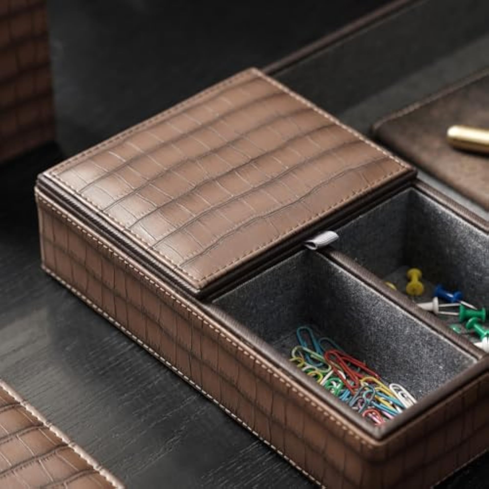 + Brown Croco Texture Faux Leather Desk Organiser