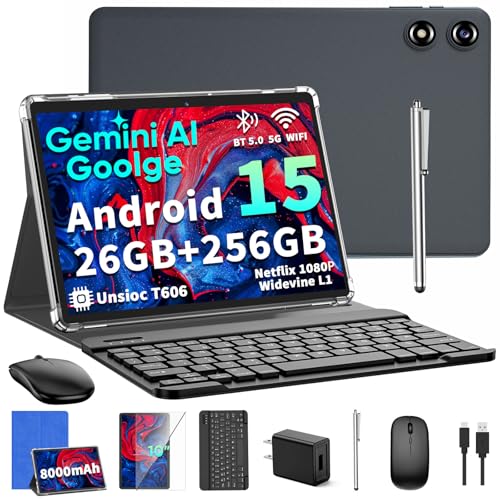 Image of 2026 10 Inch Android 15 Tablet with Keyboard, 26GB+256GB, 2TB Expand, Gemini AI Tablet PC with Octa-Core, 8000mAh, 5G WiFi, GPS, GMS, Widevine L1, 2 in 1 Tablets with Case, Mouse, Stylus (Blue Case)