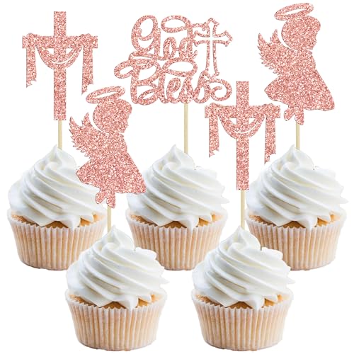 Gyufise 24Pcs God Bless and Cross Cupcake Toppers Angel Christening Baby Shower Girl Baptism Cupcake Picks Decoration for First Communion Baptism Party Cake Decorations Rose Gold