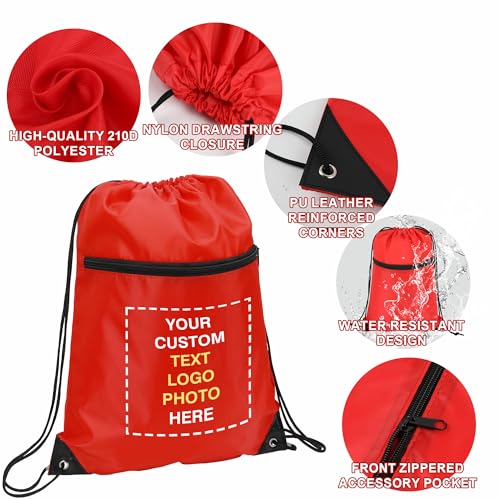 Image of Custom Drawstring Backpacks Bags 100 /200 Pack Personalized Bulk, Customized Draw String Sport Bags with Logo Text, Cinch Tote Backpack for Gym, Sport, Event,Gift, Activity, With Zipper Pocket