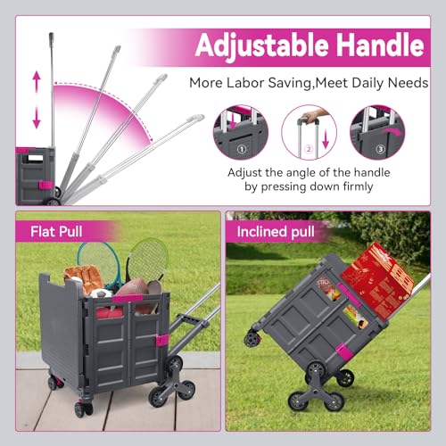 Foldable Utility Cart with Stair Climbing Wheels,Collapsible Rolling Crate with Magnetic Lid Telescopic Cover,Adjustable Telescoping Handle,360° Rotate Wheel Hand Cart for Teacher Shopping Moving