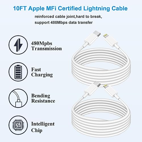 3Pack iPhone Fast Charger[Apple Mfi Certified],10 Ft iPhone Charger Fast Charging USB C to Lightning Cable with Type C Charger Block Fast Charging Adapter for iPhone 14 13 12 11 Pro Max X Xs Max 8Plus - Thumbnail 3
