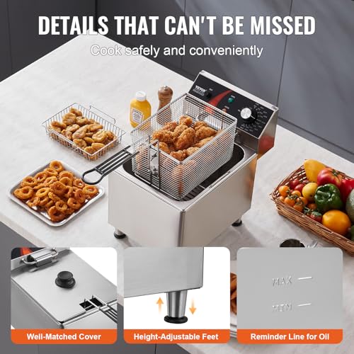 VEVOR Commercial Deep Fryer, 1750W Electric Countertop Fryer with Basket & Height-Adjustable Feet, 12Qt / 11.5L Stainless Steel Single Oil Fryer, Temp Control, Overheat Protection, for Restaurant Use by VEVOR - Image 6