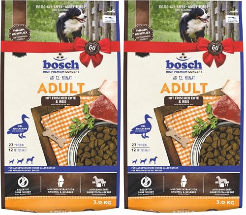 Bosch HPC Adult mit Ente & Reis | Hundetrockenfutter für ausgewachsene Hunde Aller Rassen | 1 x 3 kg (Packung mit 2)