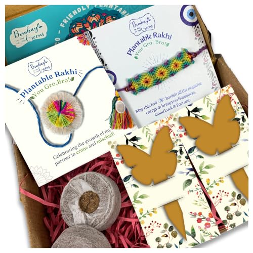 Image of Bombay Greens Plantable Rakhi for Brother Eco- Friendly DIY Grow Kit| Grow Plants from Seeds Rakhi | Rakhi Gift Set for Brother - Combo of Multi Flower and Evil Eye